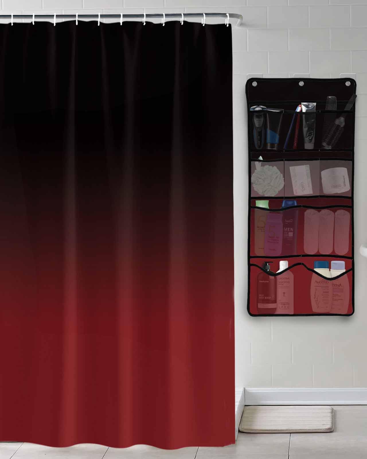 Shower Curtain Mesh Shower Organizer Hanging Set Black Red Gradient Waterproof Shower Curtains with 10 Pockets Quick Dry