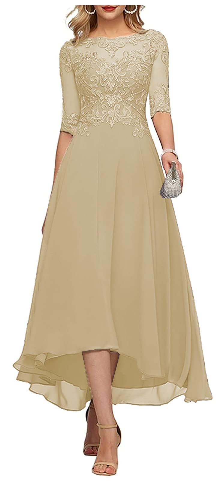 KURFACE Tea Length Mother of the Bride Dresses Lace Applique Chiffon A Line Champagne Mother of Groom Dress with Sleeves for Wedding UK16