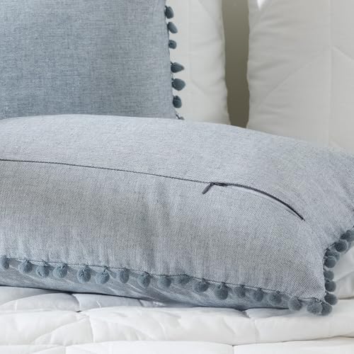 Image of 100% Cotton Pom Pom Cushion with Filler, Elegant & Modern Cushion Cover for Living Room, Rectangle, 12 inchx20 inch, uni Chambray, Set of 5 - Denim Grey