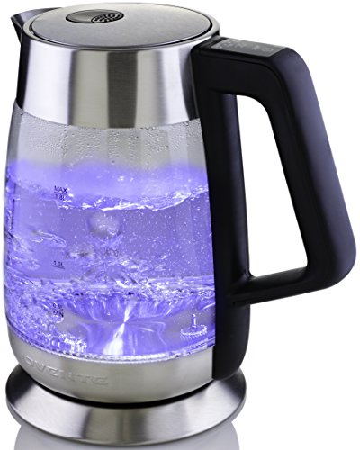 Ovente Electric Hot Water Glass Kettle 1.8 Liter with 5 Heat Settings and LED Lights, 1100 Watts, Fast Heating and Keep Warm Function, Perfect for Coffee, Tea, or Boiling Water, Silver KG660S