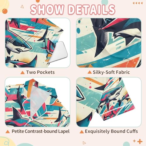 senya Sketch Sharks Satin Summer Pajama Sets Silk Short Sleeve Button Down Sleepwear3