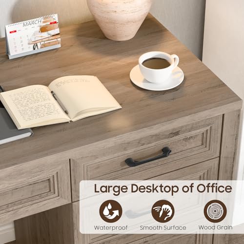 Image of Vabches Farmhouse Executive Desk with Storage and Ample File Drawer, Rustic Large Home Writing Desk for Bedroom, Grey