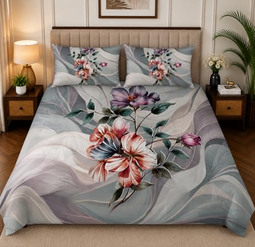 Image of 7D Digital Printed King Size Bedsheet with 2 Pillow Covers | Soft Premium Cotton Feel Microfiber Double Bed Bedsheet | Breathable, Wrinkle Free & Fade Resistant | (Grey, KingSize-225x250CM)