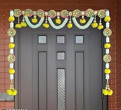 ONESTA Premium Floral Toran for Main Door – Traditional Decorative Bandarwal with Yellow Pom-Poms & Mint Bead Garlands
