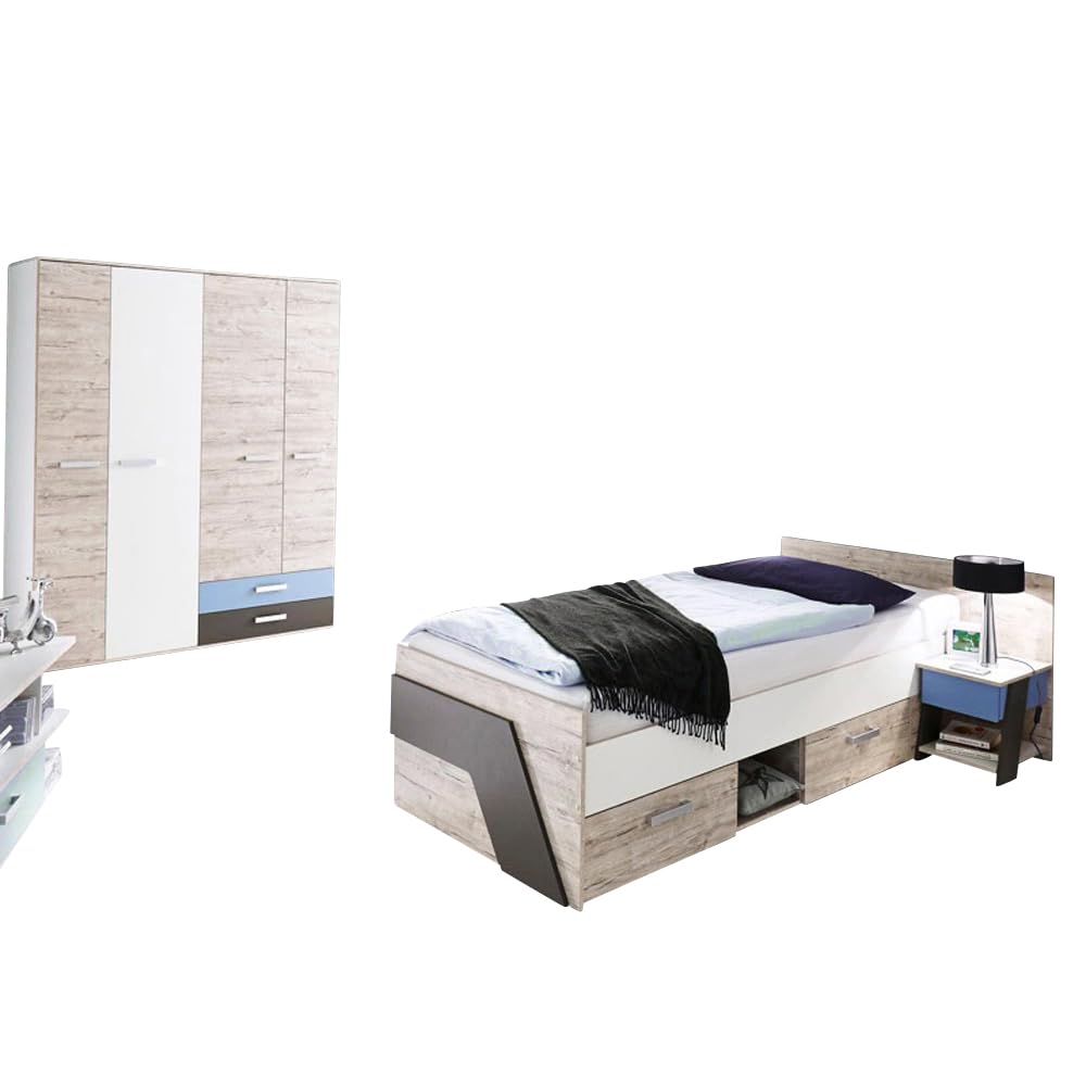 Lomadox Jugendzimmer Kinderzimmer Set, Sandeiche mit weiß, Lava blau, 90x200 Einzelbett, 135cm Kleiderschrank, Nachttisch
