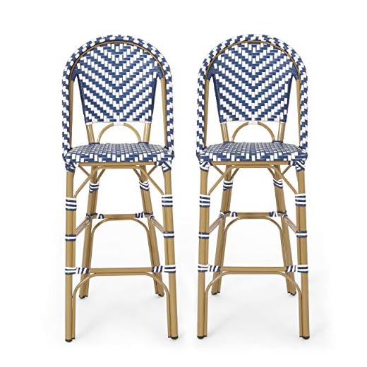 Christopher Knight Home 314446 Kinner Outdoor Barstool, Navy Blue + White + Bamboo Print Finish