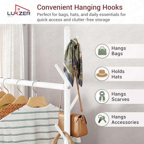 Image of Lukzer | MGR-003 | White | Metal Garment Rack with Wheels, Bottom Shelf & Single Rod - Cloth Organizer for Hanging Kurtas, Jackets, Bags in Bedroom, Office, Hostel & More | 173 x 110 x 35 cm