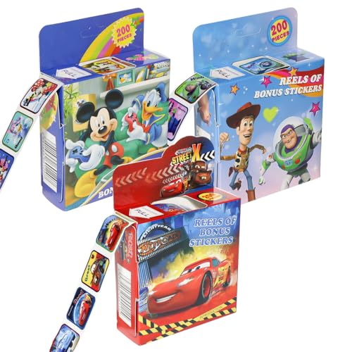 600 Pcs Roll Kids Sticker, 3 Pack in 30 Designs,1-1/2 Inch Self Adhesive Label Cartoon Stickers for Kids Teacher (Cartoon)