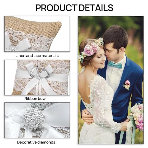 HANIUTTY Ringkissen Hochzeit Vintage, 20cm Jute Spitzeblumen Rustikale Eheringe Brautkissen Träger Ringschachtel Ringkästchen Ringschatulle Wedding Ring Pillow für Verlobung Oder Eheringe