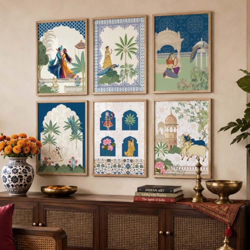 Image of KOTART Framed Wall Painting for Home Room Bedroom Office Wall Decor | Traditional Indian Wall Art Madhubani Paintings for Living Room | Pichwai Art Painting for Wall Decoration | Wall Poster With frames | Wall Paintings For Home Decoration | Indian Wall Art Home Decor Frames | set of 6 (C, 13x17 inch)