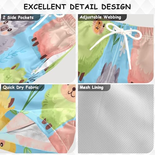 Boys Beach Board Shorts Sheep Cute Alpaca Cartoon Swim Trunk Teen Swimwear 8-16Y Multicolor3