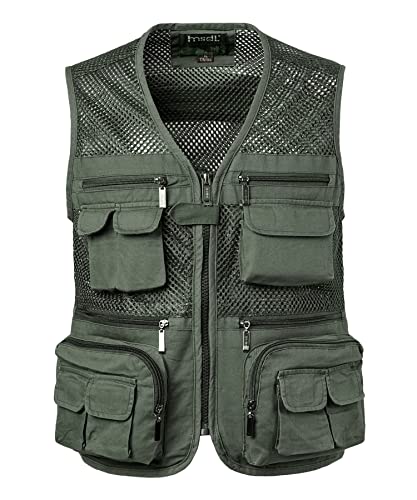 Yukirtiq Uomo Gilet da Pesca Multi-Tasca Traspirante Giubbino Smanicato da Pesca Fotografia Lavoro Campeggio Gilet ad Asciugatura Rapida da Caccia, Verde, 3XL