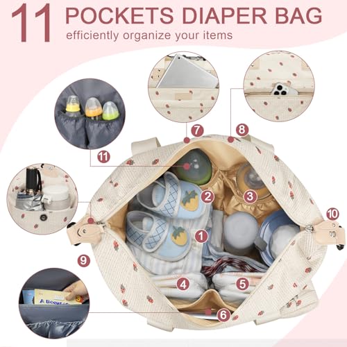 Image of Pritent Diaper Bag Tote - Diaper Baby Bags with Pacifier Case, Shoulder Straps, Stroller Clips, Waterproof Large Mommy Maternity Travel Baby Bag for Mom and Dad, strawberry