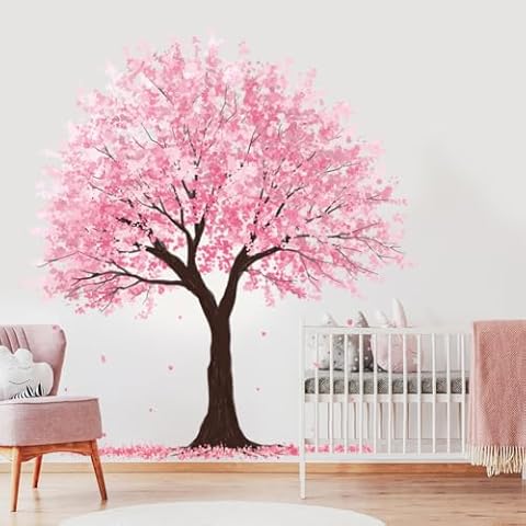 Large Tree Wall Decals Pink Floral Leaves Wall Stickers Peel and Stick Wall Decor Pink Tree Woodland Wall Mural DIY Removable Vinyl Wall Art for Girls Bedroom Living Room Cover
