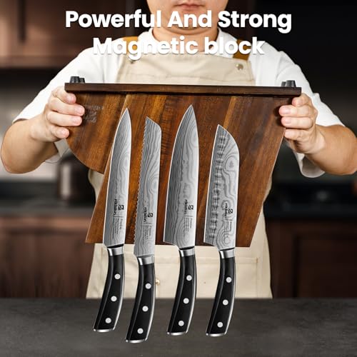 Image of 15 PC Magnetic Knife Sets for Kitchen with Block, Kitchen Knife Set Made of German High Carbon Stainless Steel Damascus Pattern as Gift for Couple, Wedding, Women or Mom with Gift Box