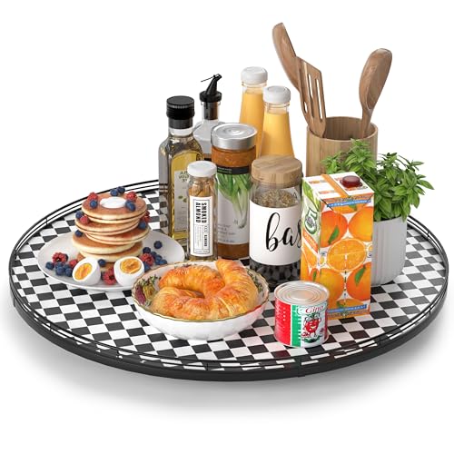 Image of 24 inch Black and White Kitchen Lazy Susan Turntable, Round Checkered Decorative Tray, Large Lazy Susan for Dining Table Centerpiece, Pantry, Kitchen, Bathroom, Countertop, Cupboard, Home Decor