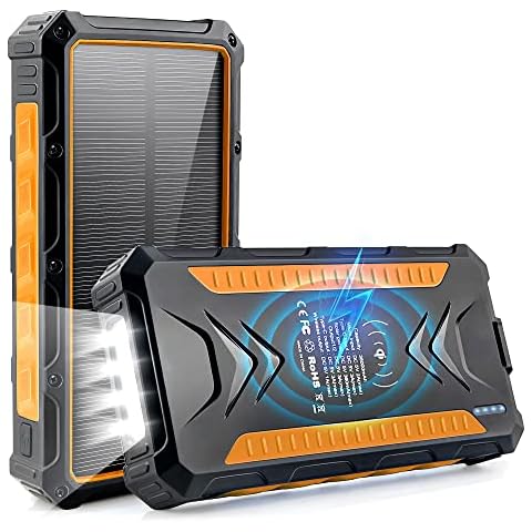 DJROLL 36000 mAh Solar Power Bank with 4 USB/Type C Outputs and LED Lamp, Portable Outdoor Waterproof Qi Wireless Power Bank Solar Panel Compatible for iPhone Samsung Smartphones Cover