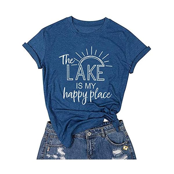 KNEYATTA The Lake is My Happy Place T Shirt Women Lake Life Shirt Summer Vacation Short Sleeve Casual Tee Top Blue