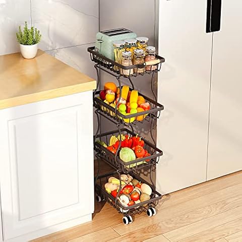 CHLORYARD 4 Tier Slim Fruit Basket for Kitchen, Stackable Metal Wire Fruit Vegetable Storage Baskets Organizer Stand on Wheels, Produce Basket Potato Onion Storage Bins Rack for Pantry. (Black) Cover