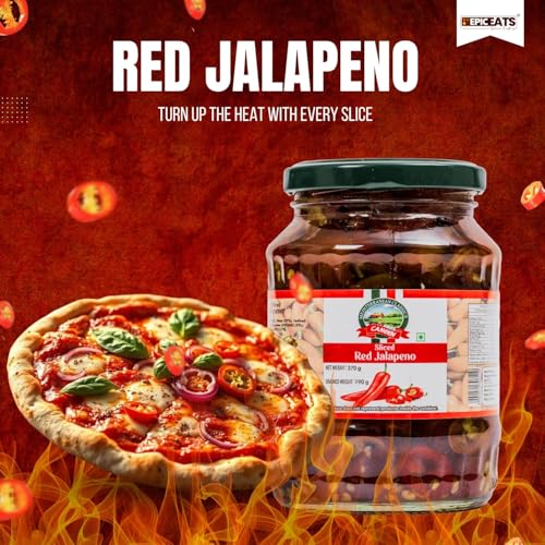 Image of CANEEN - Sliced Red Jalapenos 100% Vegan I Ready-to-Eat Fibre-Rich Topping for Pizza, Pasta, Snacks and Salads, Non-GMO (370g, Pack of 2)