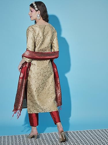 Image of VredeVogel Women's Cotton Silk Jacquard Kurta Pant Set with Banarasi Woven Self Designed Dupatta