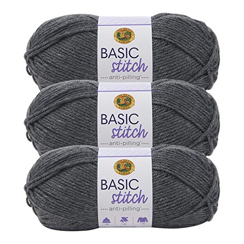 Image of Lion Brand Yarn Basic Stitch Anti-Pilling Yarn for Crocheting, Knitting, and Crafts, Charcoal Heather, 3 Pack