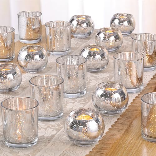 Volens 30pcs Assorted Silver Votive Candle Holders Bulk Large Silver Wedding Centerpieces for Tables Mercury Glass Votive & Tealight Candle Holders for Party Decorations and Home Decor