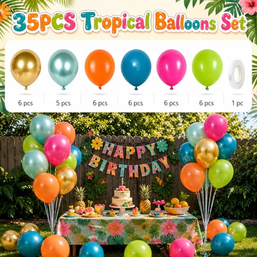 Image of Tropical Balloons, 12 Inch Summer Hawaiian Balloons, Hot Pink Orange Teal Blue Fruit Green Metallic Gold Colorful Latex Balloon for Hawaii Aloha Luau Pool Birthday Beach Island Party Decorations