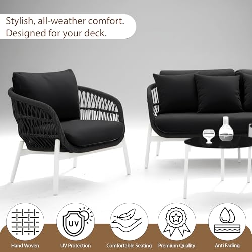 Image of BRISHI Outdoor 4 Seater Sofa Set | Balcony Sofa | Patio Furniture Sets | Conversation Sets | Braid & Rope Garden Sofa Set (White-Black)