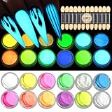 Glow in The Dark Pigment Powder,12 Colors Luminous Iridescent Acrylic Nail Powder,Fluorescent Neon Phosphor Glitter Dust for Gel Polish,Nail Art Decoration,Halloween Nails Supplies,DIY Resin Craft
