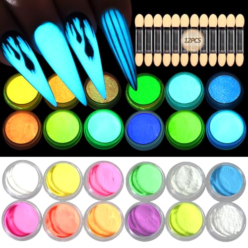 Glow in The Dark Pigment Powder 12 Colors Luminous Iridescent Acrylic Nail Powder Fluorescent Neon Phosphor Glitter Dust for Gel Polish Nail Art Decoration Halloween Nails Supplies DIY Resin Craft