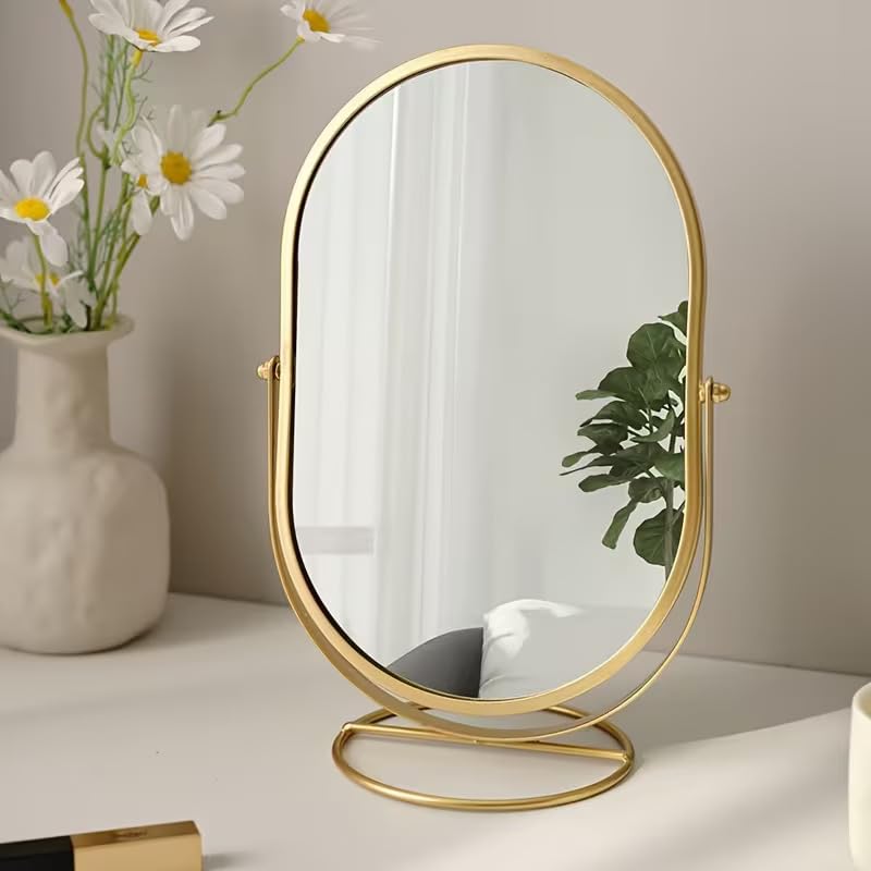 Oval Tabletop Vanity Mirror with Metal Stand 360° Rotating Makeup Mirror Portable Desktop Dressing Mirror for Bedroom, Bathroom & Vanity Table (Gold, 24 cm)