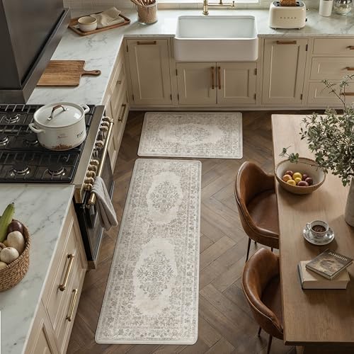 Kitchen Mats 2PCS Anti Fatigue Cushioned Mat Beige Vintage Kitchen Mats for Floor Waterproof Non Slip Comfort Standing Medallion Floral Rug for Sink Laundry Office 17.3"x59"+17.3"x30" Beige