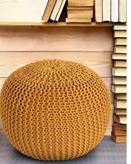 Hand Knitted Beans Filled Cotton Round Shape Ottoman Pouffe Pouf Footstool/Foot Rest, Décor for Living Room, Bedroom, Hallway & Office (35 X 35 X 50 Cm, Yellow)-image-26
