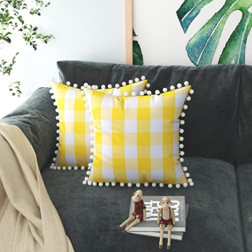 Throw Pillow Covers Cotton Buffalo Gingham Check Plaid Decorative Pillow Cases With Pom Poms Retro Farmhouse Set Of 2 Cushion Case Square Pillowcase For Sofa Couch Car 18" X 18" Yellow White #TOP15