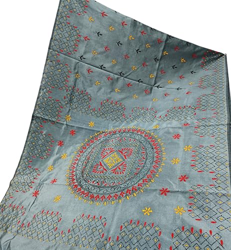 Image of SHRISTI CLOTHINGS Women's Hand Embroidered Cotton Silk Kantha Stitch Saree with Blouse Piece (SB4200924 GREYD46)