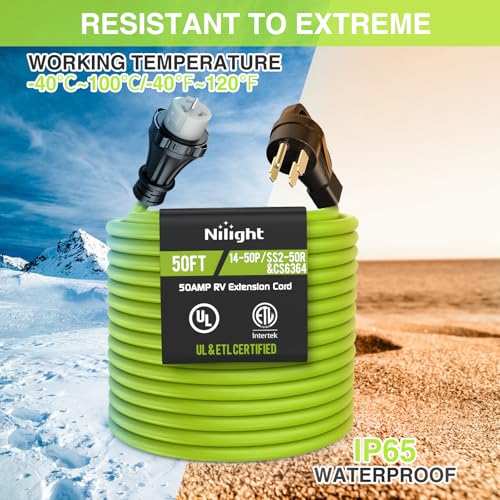 Image of Nilight 50FT 50 Amp Generator Extension Cord 250V Heavy Duty 6 /3+8 /1 Gauge Pure Copper STW Wire ETL Listed 4 Prong 14-50P SS2-50R&CS6364 Suit for RV Camper Outdoor Use Bright Green