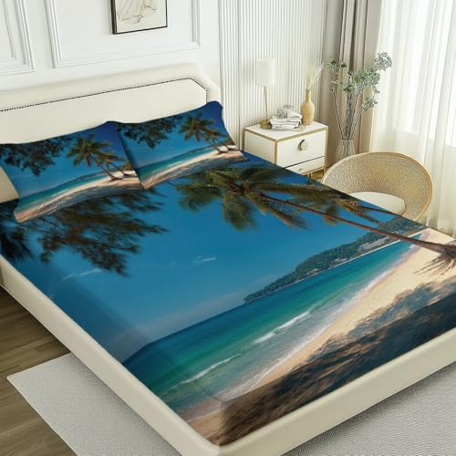 Drap housse 140x200 bleu microfibre élastique palmier - 8