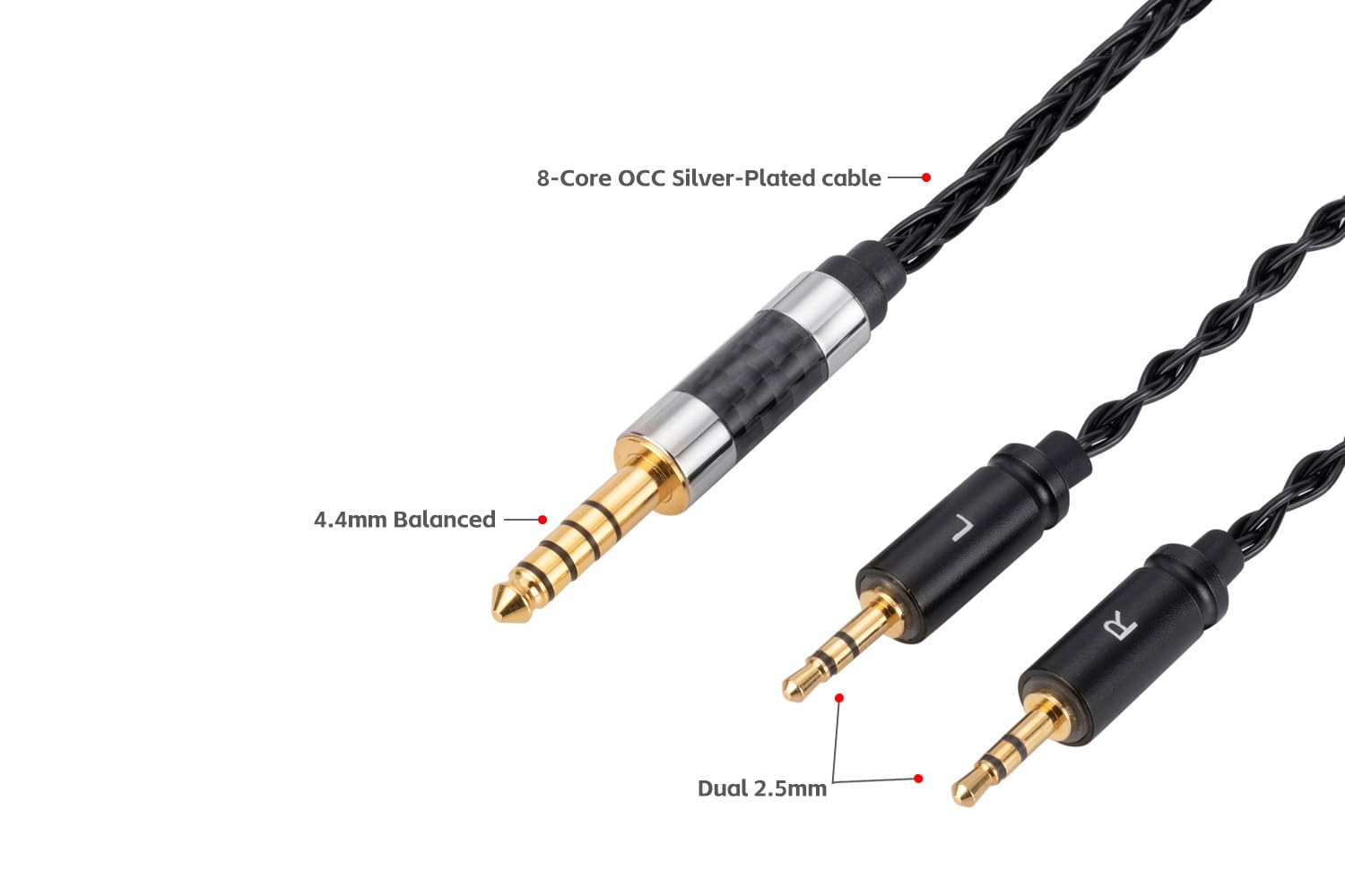 4,4 mm symmetrisches auf duales 2,5-mm-audiophiles Kabel, 8-adriges OCC-Kabel versilbert, kompatibel mit HE400S, HE-400i (2,5-mm-Steckerversion), HE560, HE-350, HE1000 Kopfhörer, HiFi-Upgrade (1,3 m)