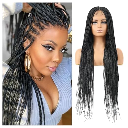 Humistwbiu Braided Wigs for Black Women Full Double Lace Front Square Knotless Box Braid Wig with Baby Hair Japan-made Lightweight Synthetic Black Hand Braided Wigs 36 Inch (1B)