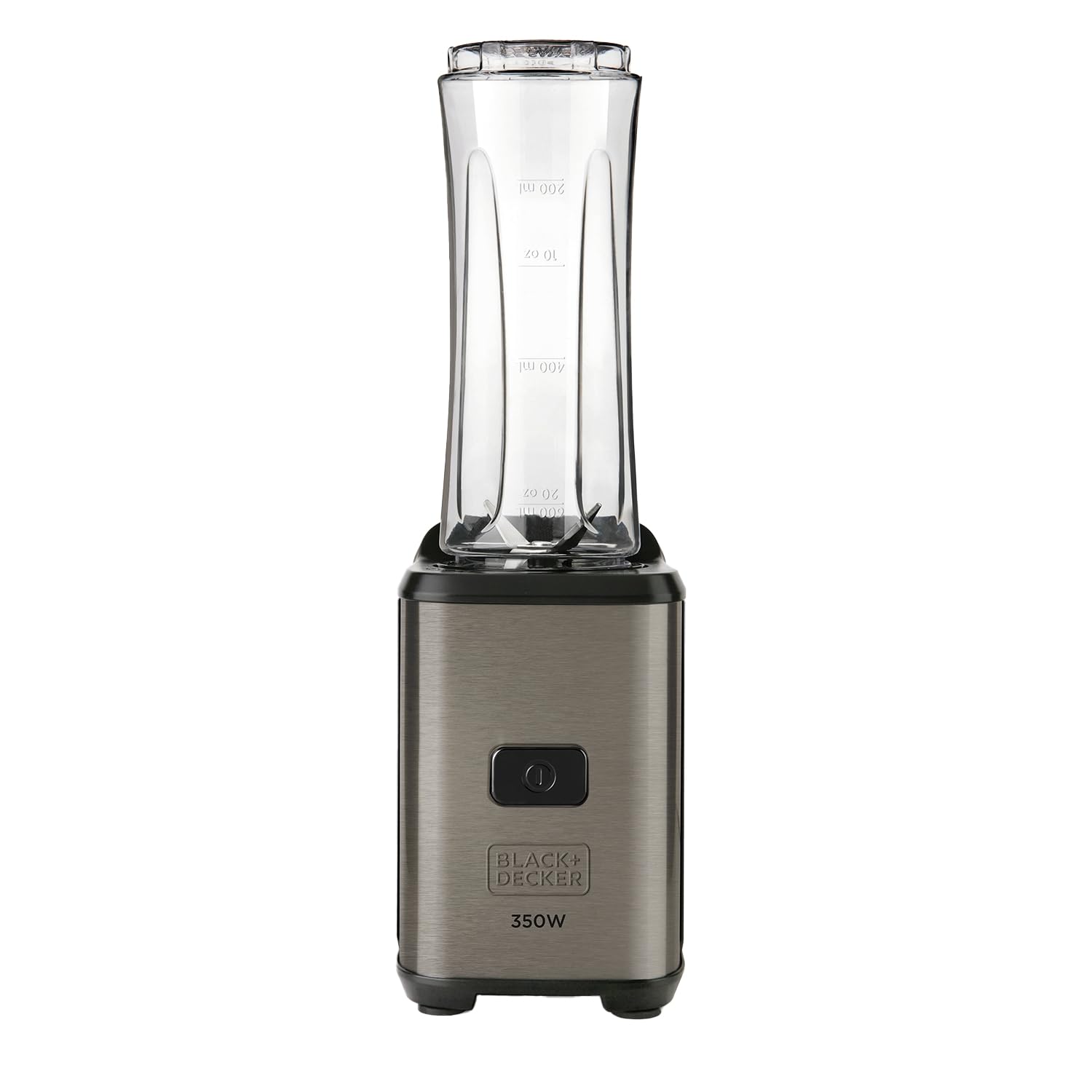 BLACK+DECKER - Mini batidora portátil BXJBA350E | 350W | Smoothies y batidos | 2 botellas de 600 ml sin BPA | Tapa hermética | 4 cuchillas de acero inox | Ligera | Acabado negro e inox anti-huellas