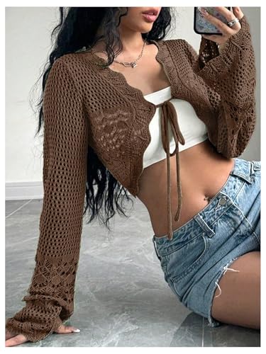 Image of OYOANGLE Women's Crochet Tie Front Sweater Cardigans Bell Sleeve Knitted Cropped Bolero Shrug Cardigan