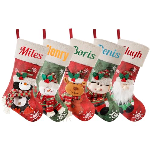 Custom Christmas Stockings, Personalized Christmas Stockings with Names, Featuring Santa, Snowman, Reindeer, Elf, Penguin Designs for Stairs Xmas Home Decor and Fireplace Hanging (1 pcs)