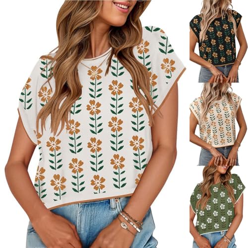 Women Floral Knitted Crop Tops, Summer Short Sleeve Sweaters Tee Shirts Ladies Casual Knit Short Tshirts