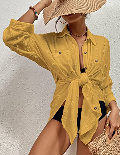 Image of Bsubsach Button Down Swimsuit for Women Sweatshirt Dress with Ruffled Sleeves Beach Shirt