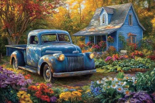 Image of Moohue 14ct Counted Cross Stitch Kits for Adults Car Garden House Printed Stamped Cross Stitch Patterns Kits Cross Stitch Supplies (Car Garden House)