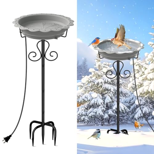 Webuys Heated Bird Baths for Outdoors, 100W Heated Birdbath Bowl for Outdoors for Winter with 5-Prong Metal Base Thermostat Control, Heated Bird Bath for Outside Winter Garden Patio Yard Lawn (Gray)