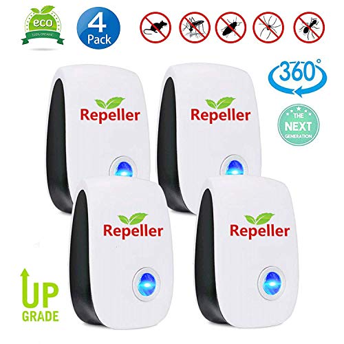Ultrasónico Mosquitos 2019 Control de Plagas para Las Moscas, Cucarachas, Arañas, Hormigas, Ratas y Ratones, Insectos Antimosquitos Eléctrico Extra Fuerte para Interiores (4-Pack)