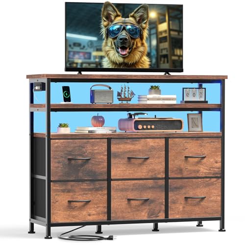 Image of DUMOS TV Stand for Up to 45 inch TV, Entertainment Center with Remote or App-Controlled LED Lights & Charging Station, Media Console Table with 6 Fabric Drawers, 2 Shelves for Living Room, Brown