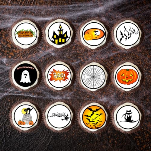 48 PRECUT Halloween Cupcake Toppers, Halloween Theme Mix #1 Edible Mini Discs - Premium Thickness SWEETENED VANILLA, Wafer Card Cake Decorations